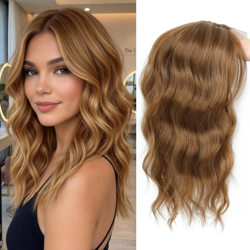 16 Inch Hair Topper for Women - Synthetic Curly Clip-In with Curtain Bangs | Honey Brown Volume Boost
