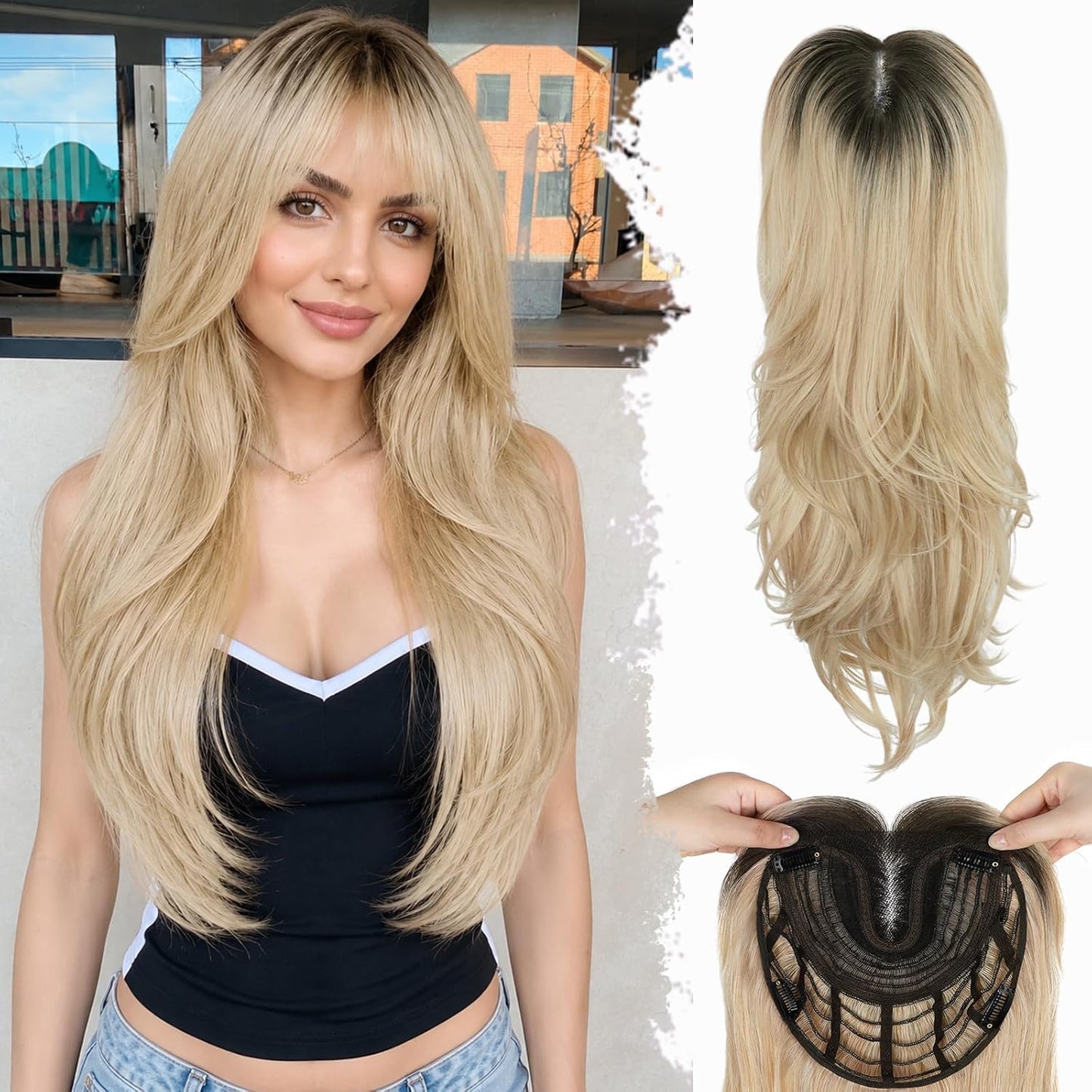 Hair Toppers for Women - 26-Inch 3D 360° Coverage Black Brown Long Straight Clip-In Synthetic Hair with Bangs