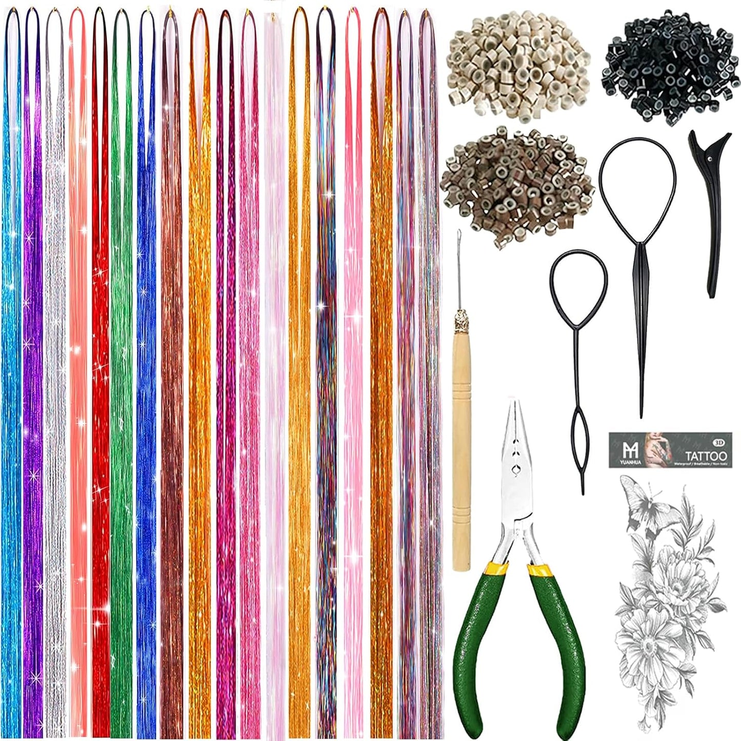 Hair Tinsel Kit - Holographic Hair Extensions with 8600 Strands | 18 Colors, 48 Inch, Heat Resistant Sparkling Glitter for Parties
