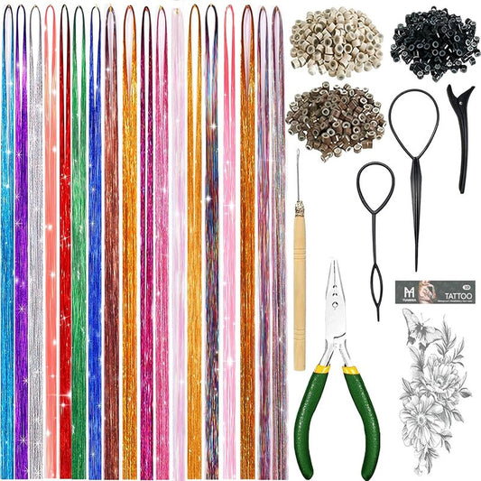 Hair Tinsel Kit - Holographic Hair Extensions with 8600 Strands | 18 Colors, 48 Inch, Heat Resistant Sparkling Glitter for Parties