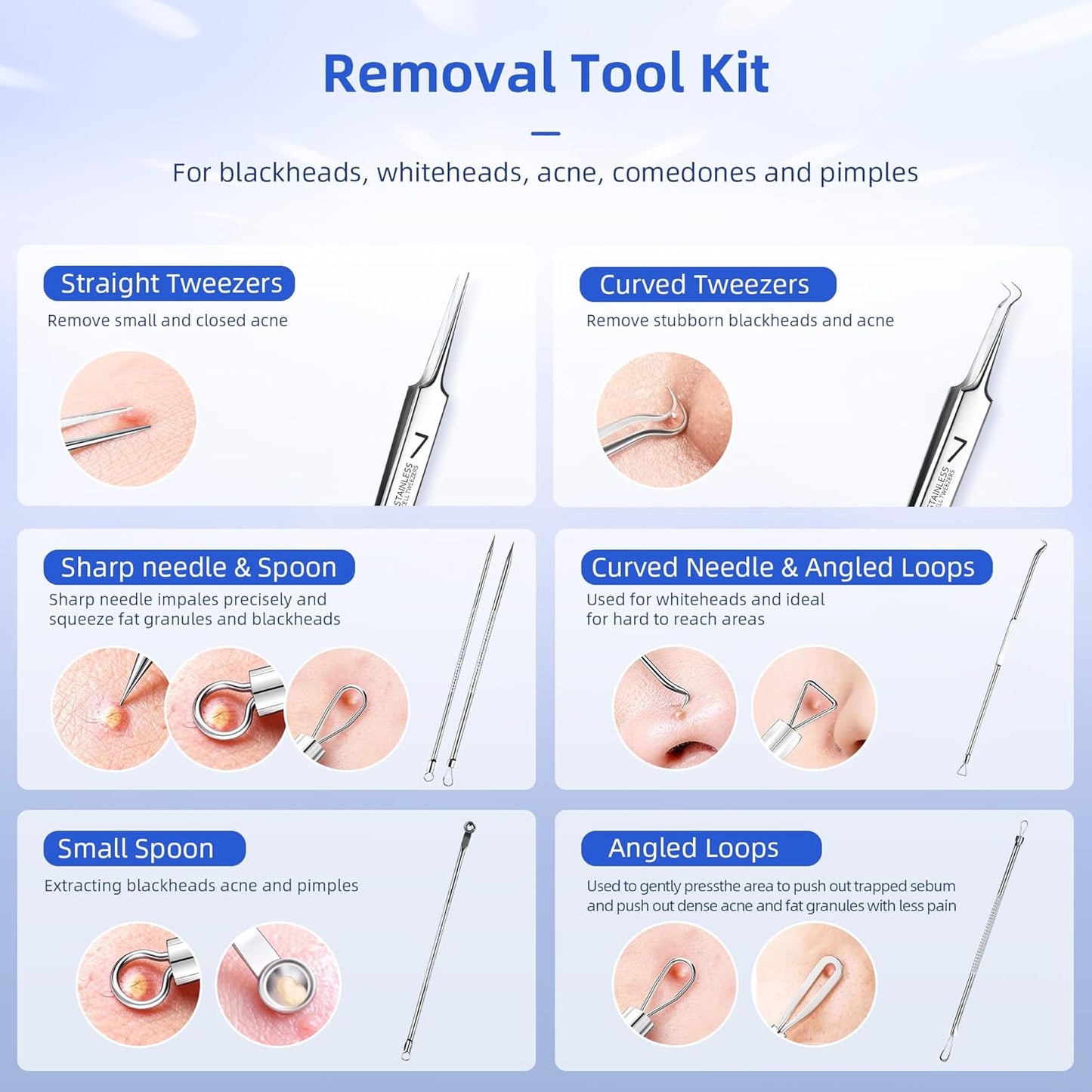 Pimple Popper Tool Kit - 7 PCS Professional Stainless Steel Blackhead Remover | Comedone Extractor Tools for Face - Silver