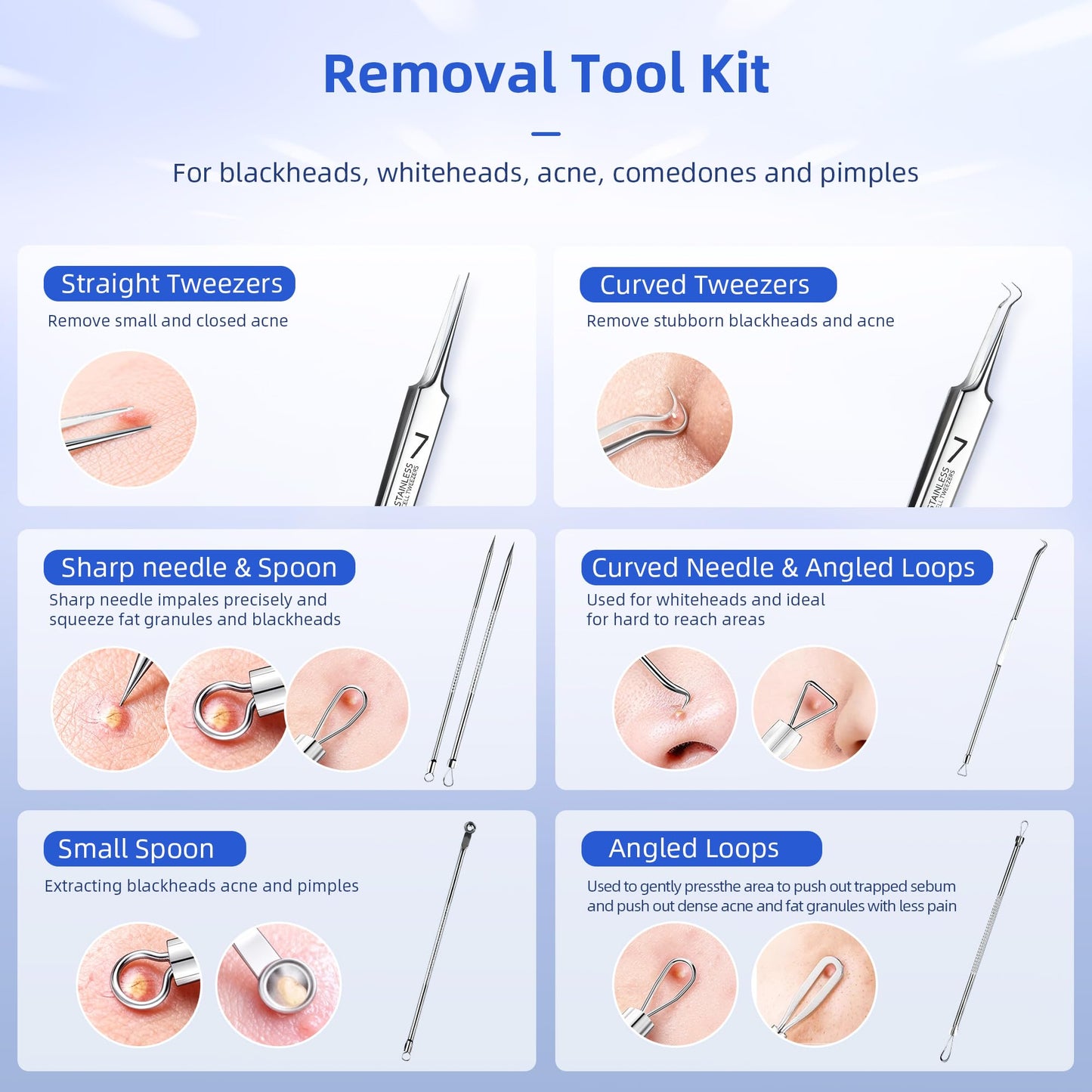 Shelvestar Pimple Popper Tool Kit, 7 PCS Professional Stainless Steel Blackhead Remover Comedone Extractor Tools for Removing Zit on Face - Silver