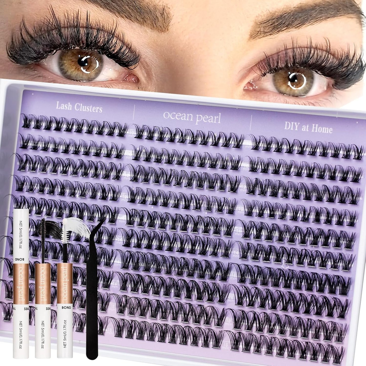 Ocean Pearl Lash Clusters - 320 Pcs 11-20mm Eyelash Extension Kit | 40D, 50D, 100D with Adhesive & Tweezers