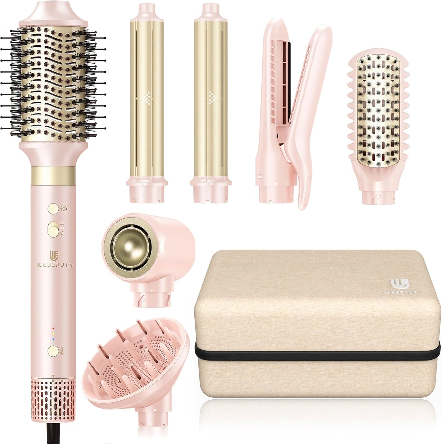 Hair Dryer Brush 8-in-1 Hot Air Styler | Fast-Drying Ionic Blow Dryer with Straightener & Curler Attachments - Pink