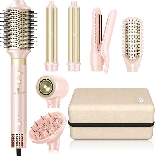 Hair Dryer Brush 8-in-1 Hot Air Styler | Fast-Drying Ionic Blow Dryer with Straightener & Curler Attachments - Pink