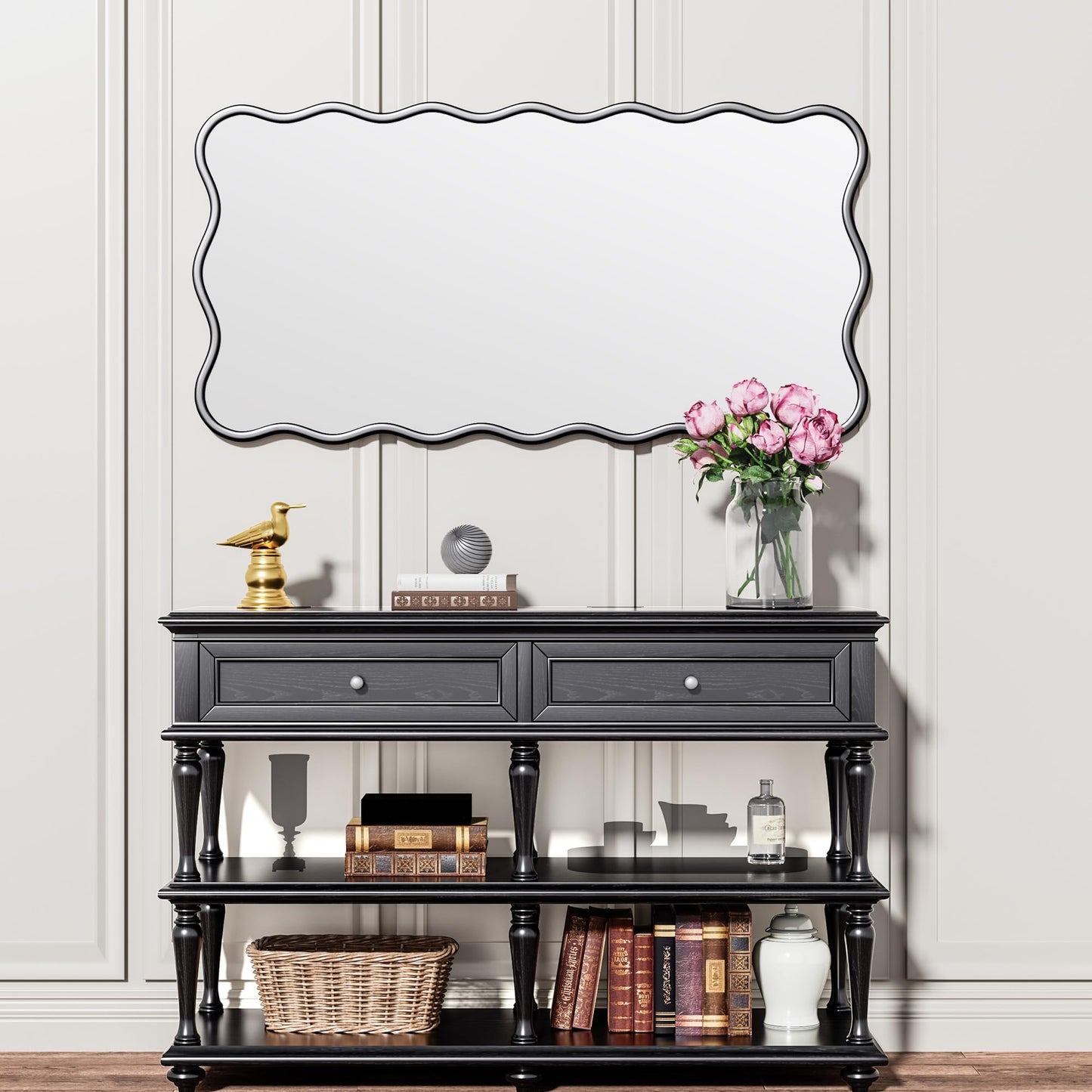 PROHOMEWARE 24 * 48" Black Bathroom Mirror for Wall,Wavy Rectangular Mirror,Vanity Mirror,Bathroom Mirrors for Wall-Mounted Metal Frame Mirror for Bedroom Entryway Living Room Farmhouse (Black)