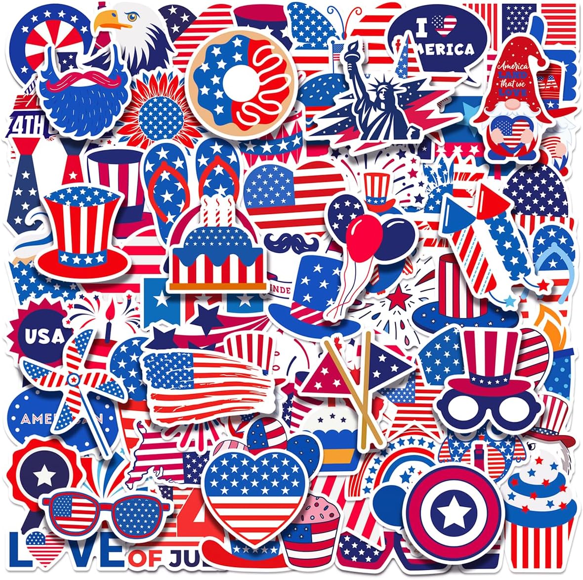 Patriotic 4th of July Vinyl Stickers - 100 Waterproof Stickers for Laptop, Water Bottle & Skateboard Decor