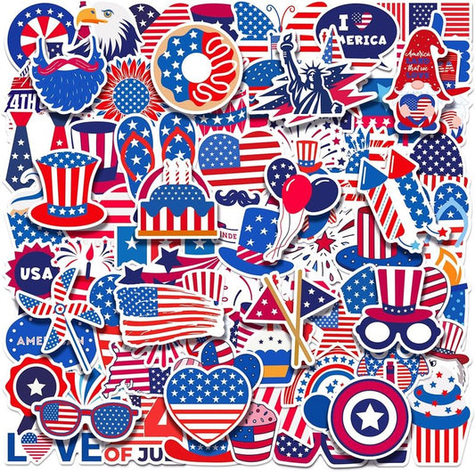 Patriotic 4th of July Vinyl Stickers - 100 Waterproof Stickers for Laptop, Water Bottle & Skateboard Decor