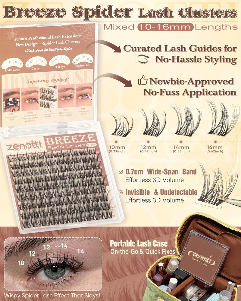 Spider Lash Clusters - Natural Breeze Wispy Eyelash Extensions | D Curl 10-16mm Clear Band Lashes
