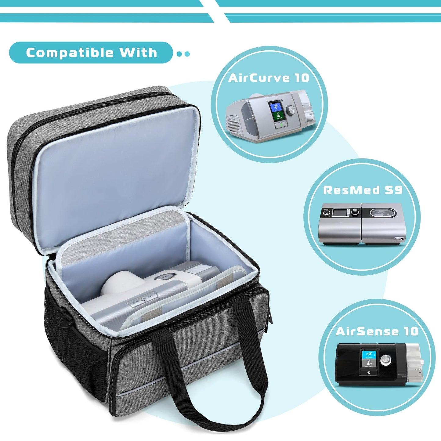 CURMIO CPAP Travel Bag Storage Case Compatible with ResMed AirSense 11, AirSense 10, AirSense 10 Elite, AirStart 10, Philips Dreamstation, 3B Medical Luna G3, and XT Fit, Gray (Patented Design)