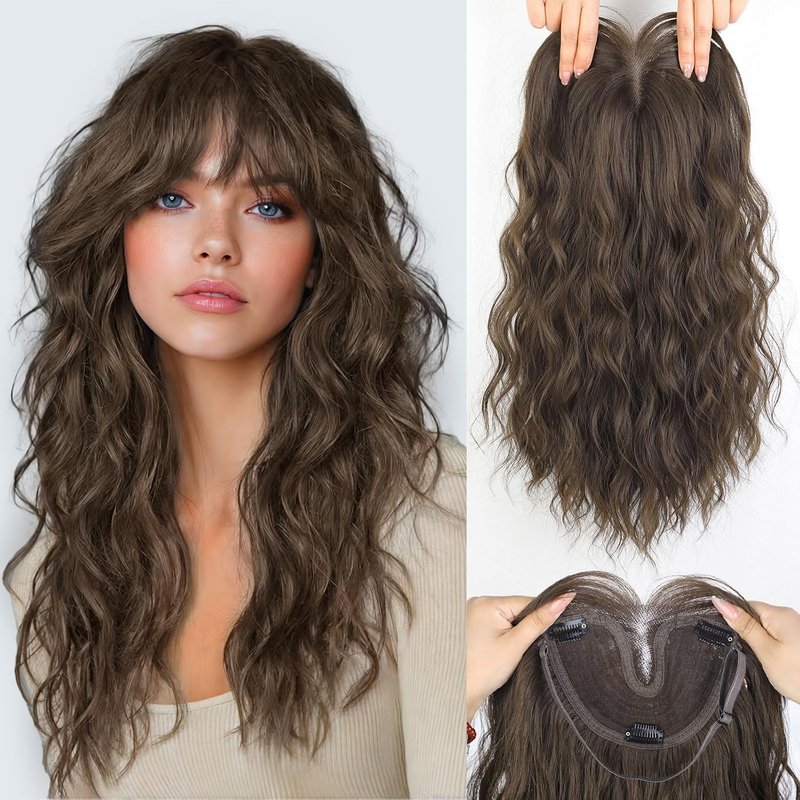 Hair Toppers for Women - 360° Hand-Knitted Lightweight Clip-In Wavy Wiglets with Bangs | 20 Inch, Medium Brown