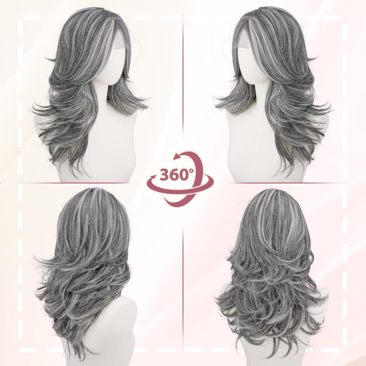 Haloo Grey Layered Wigs with Curtain Bangs Lace Front Hairline Long Wavy Natural Looking Middle Part Synthetic Hair Wig for Women Daily Party Costume, 20 Inch