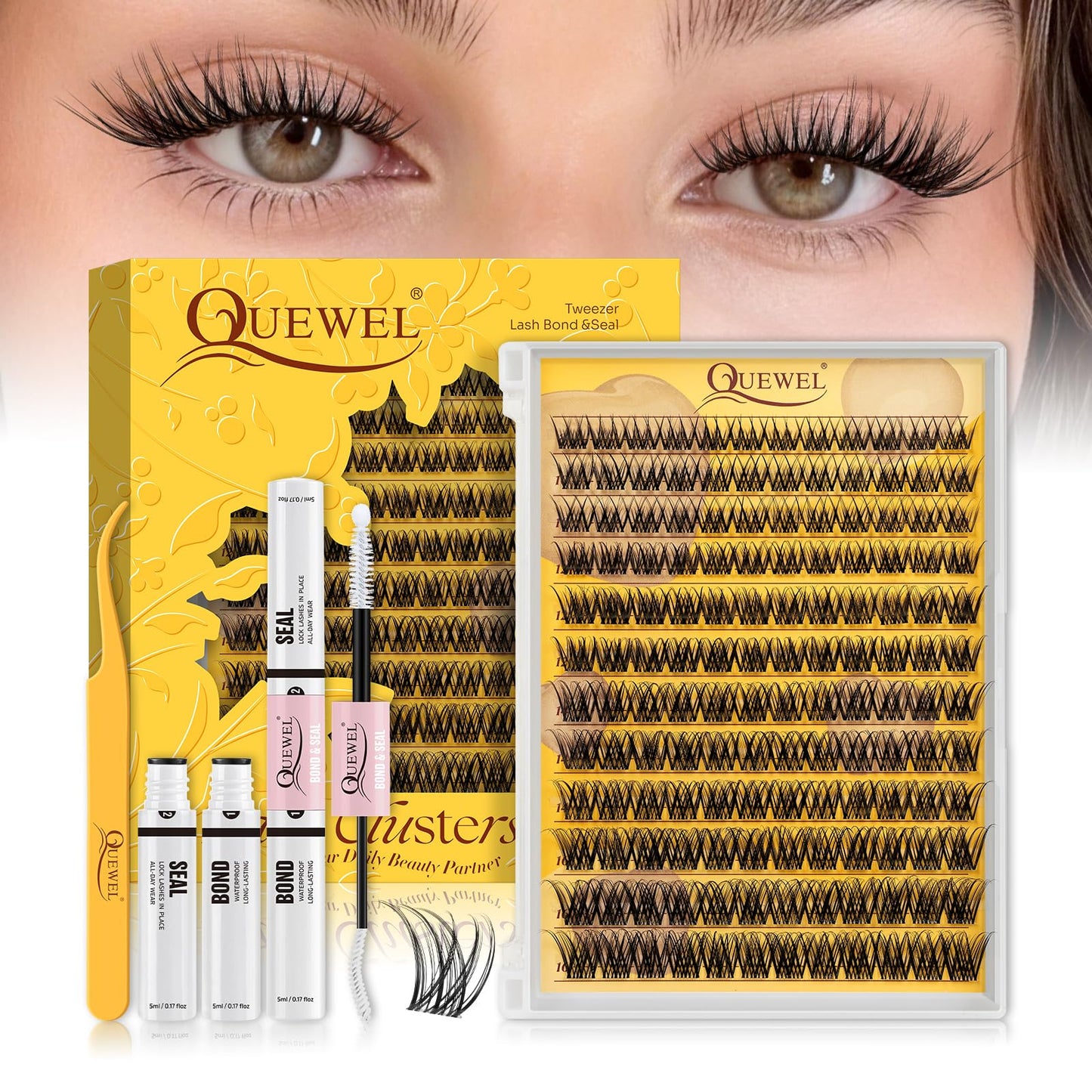 QUEWEL Natural Lash Clusters Kit Soft Wispy Lash clusters Invisible Band Lightweight C Curl Eyelash Extension Kit with Eyelash Clusters Bond and Seal Tweezers for Daily Wear (C)