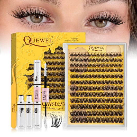 QUEWEL Natural Lash Clusters Kit Soft Wispy Lash clusters Invisible Band Lightweight C Curl Eyelash Extension Kit with Eyelash Clusters Bond and Seal Tweezers for Daily Wear (C)