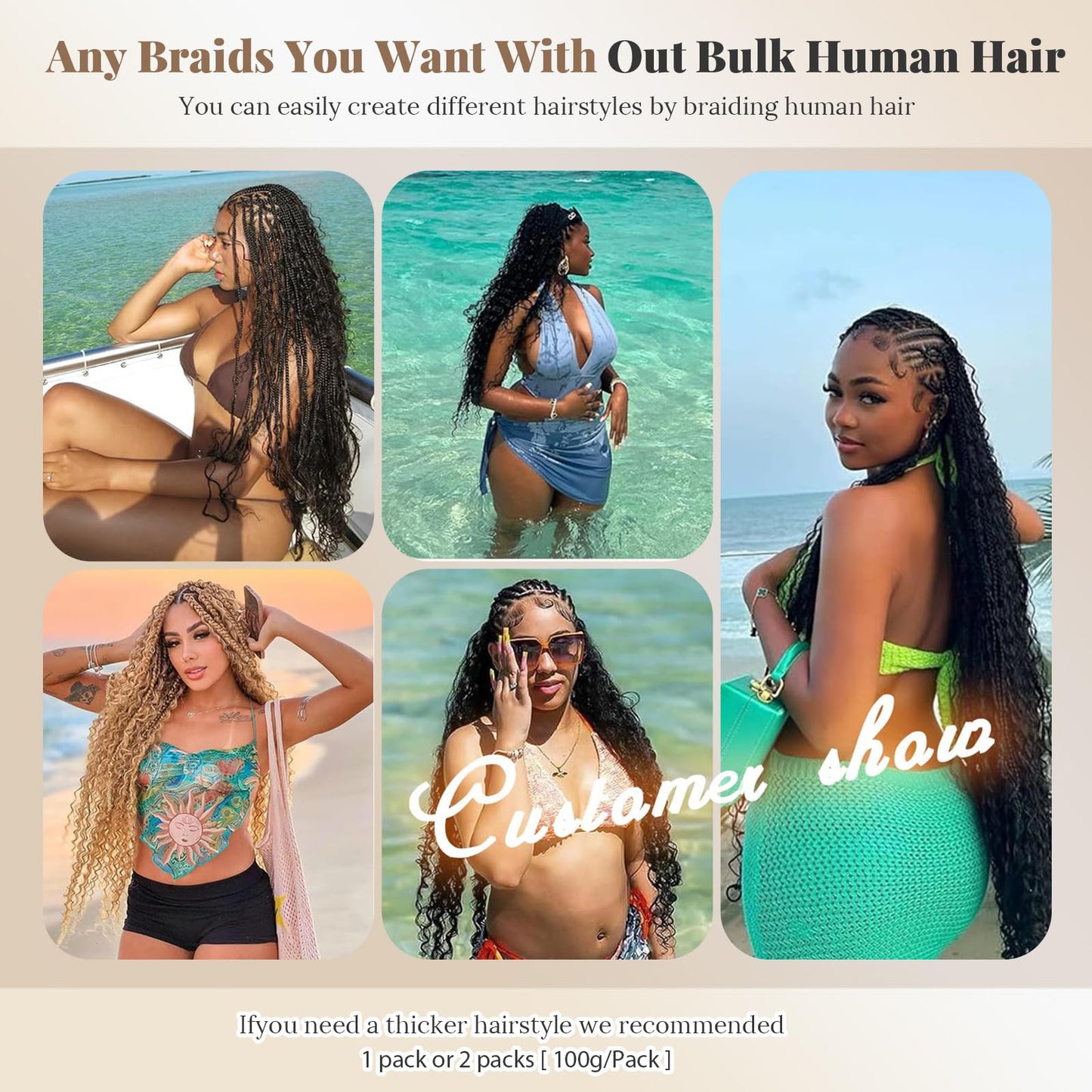 Curly Human Braiding Hair 100G Deep Water Wave Bulk Bohemian Hair for Braiding Knotless Braids 10A Curly Virgin Human Hair Extensions 2 Bundles 16" for Boho Braids Wet and Wavy Micro Braiding Hair
