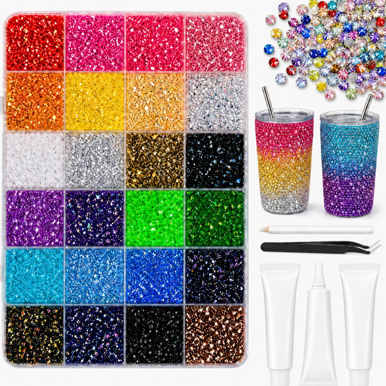 BlissVeritura 24 Colors Bedazzling Kit with Jelly Rhinestones, 32000PCS 3mm Flatback Resin Rhinestones with Craft Accessories, Nail bedazzler Gems, Rhinestone Kit for Crafts, Nail Art and Cloths