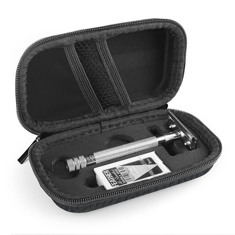 Linkidea Hard Travel Case Compatible with Vikings, Merkur, Shaving Revolution Double Edge Safety Razor, Storage Box Organizer for Safety Razor & Shaving Attachments (Lychee Vegan Leather), Black,