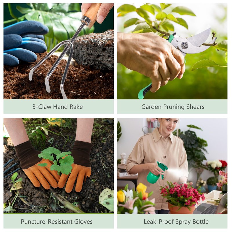 Gardening Tools Set of 10, Heavy Duty Stainless Steel Garden Hand Tools with Floral Tote Bag, Rust-Proof Garden Tools for Gardening, Gardening Gifts for Women, Men and Plant Lover