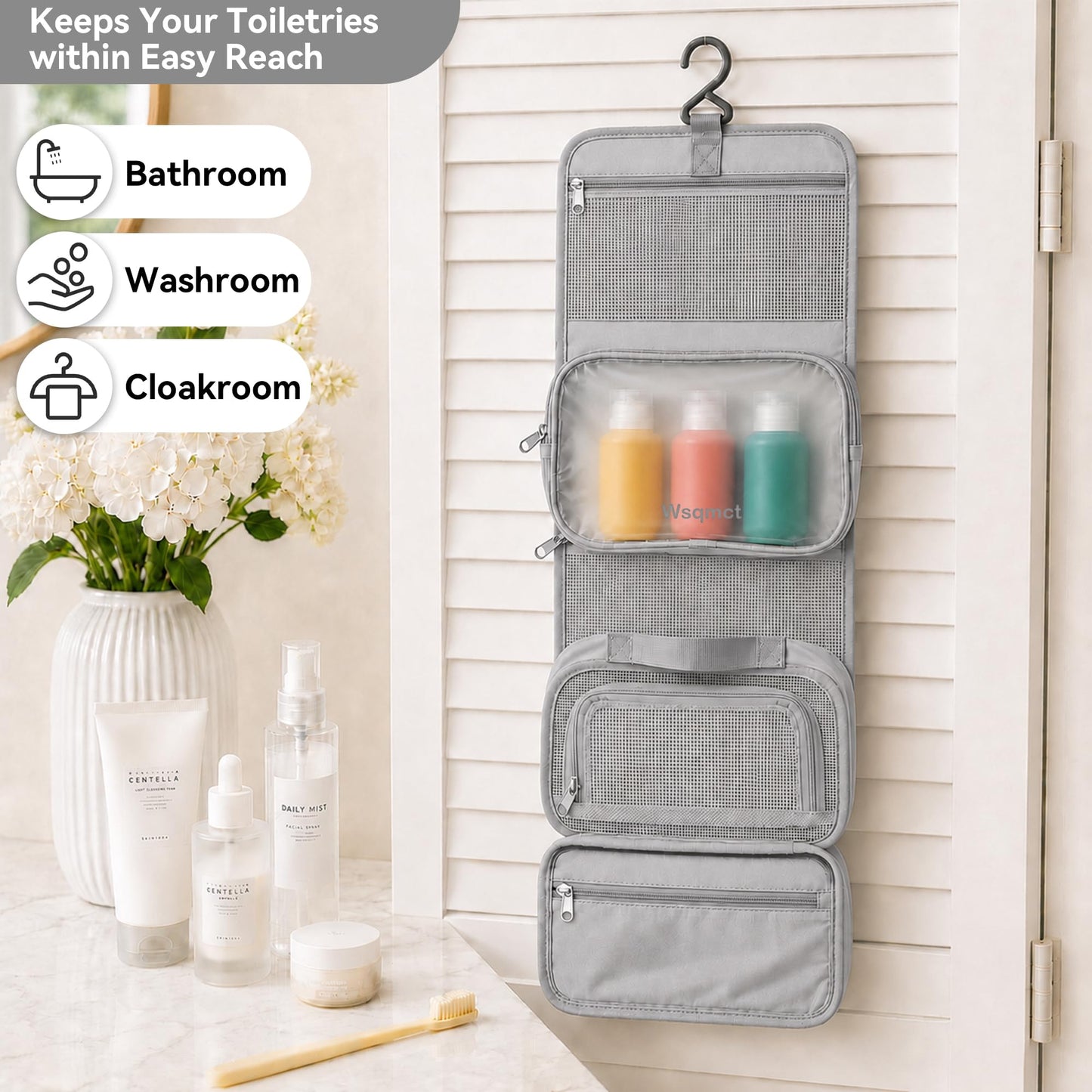 Wsqmct Hanging Travel Toiletry Bag, Waterproof Travel Bag for Toiletries Makeup Cosmetic Bag Organizer for Women Traveling Bathroom Shower, with 3 Silicone Travel Bottles, Blue