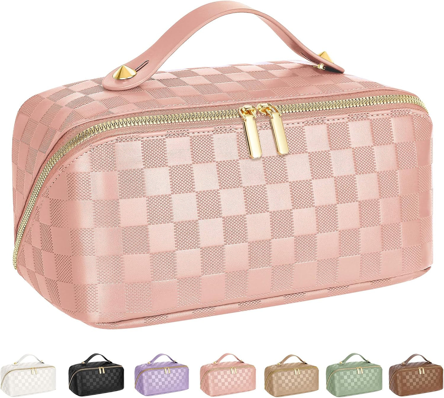 Large Capacity Travel Cosmetic Bag - Waterproof PU Leather Makeup Organizer with Dividers | Stylish Checkered Design