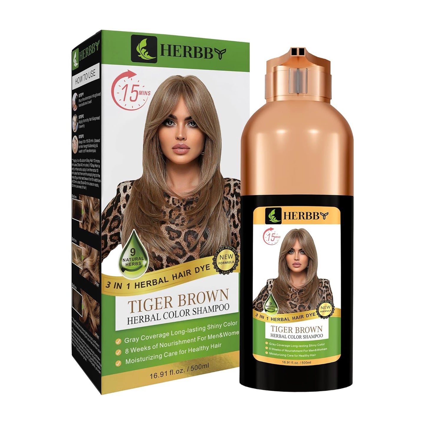 Hair Color Shampoo for Gray Coverage | 9 Herbal Extracts, Long-Lasting Shine - 500ml Tiger Brown