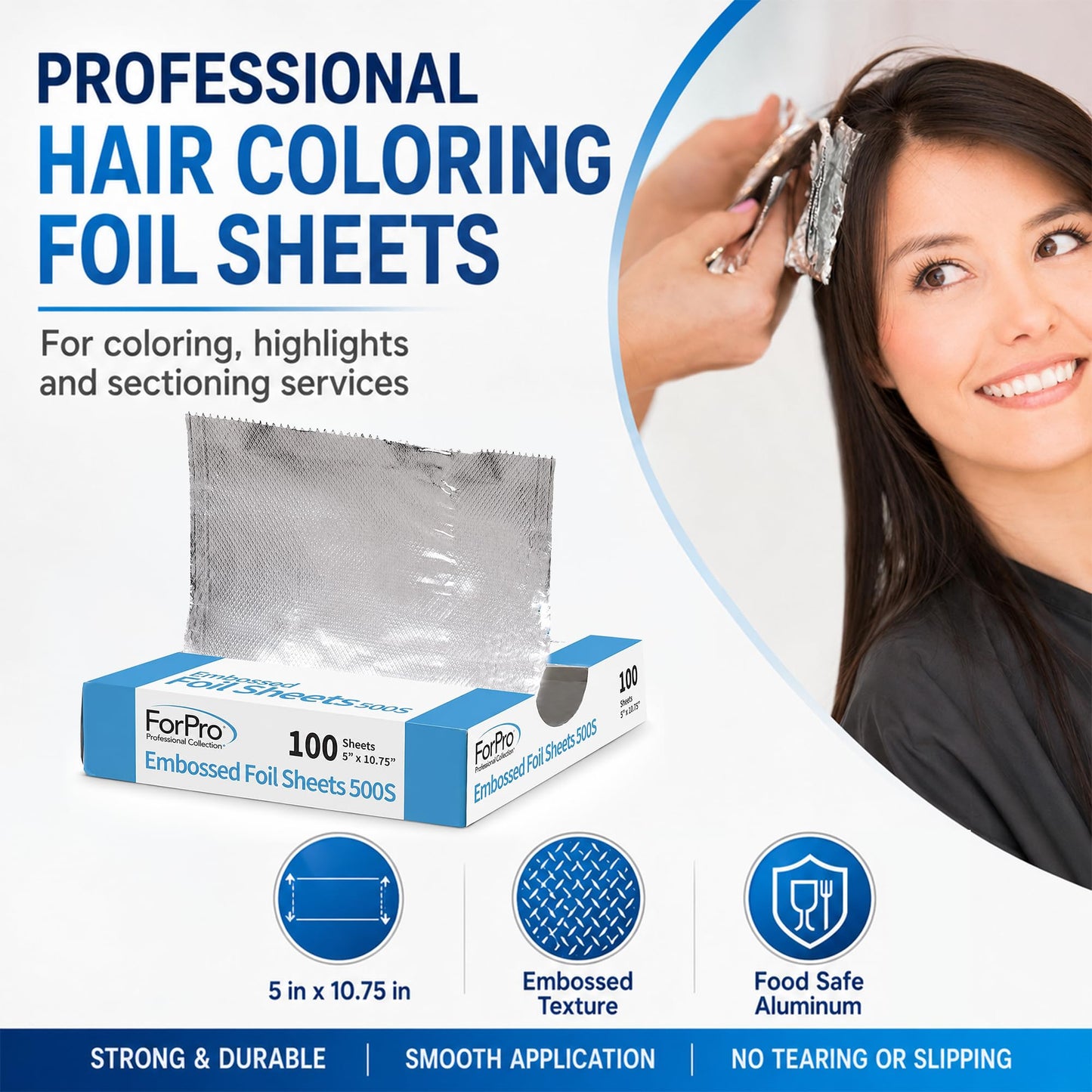 ForPro Professional Embossed Pop-Up Hair Foil Sheets for Salon Hair Color & Highlights, Pre-Cut Aluminum Foils, Non-Slip Embossed Texture, 5" W x 10.75" L, 100 Count