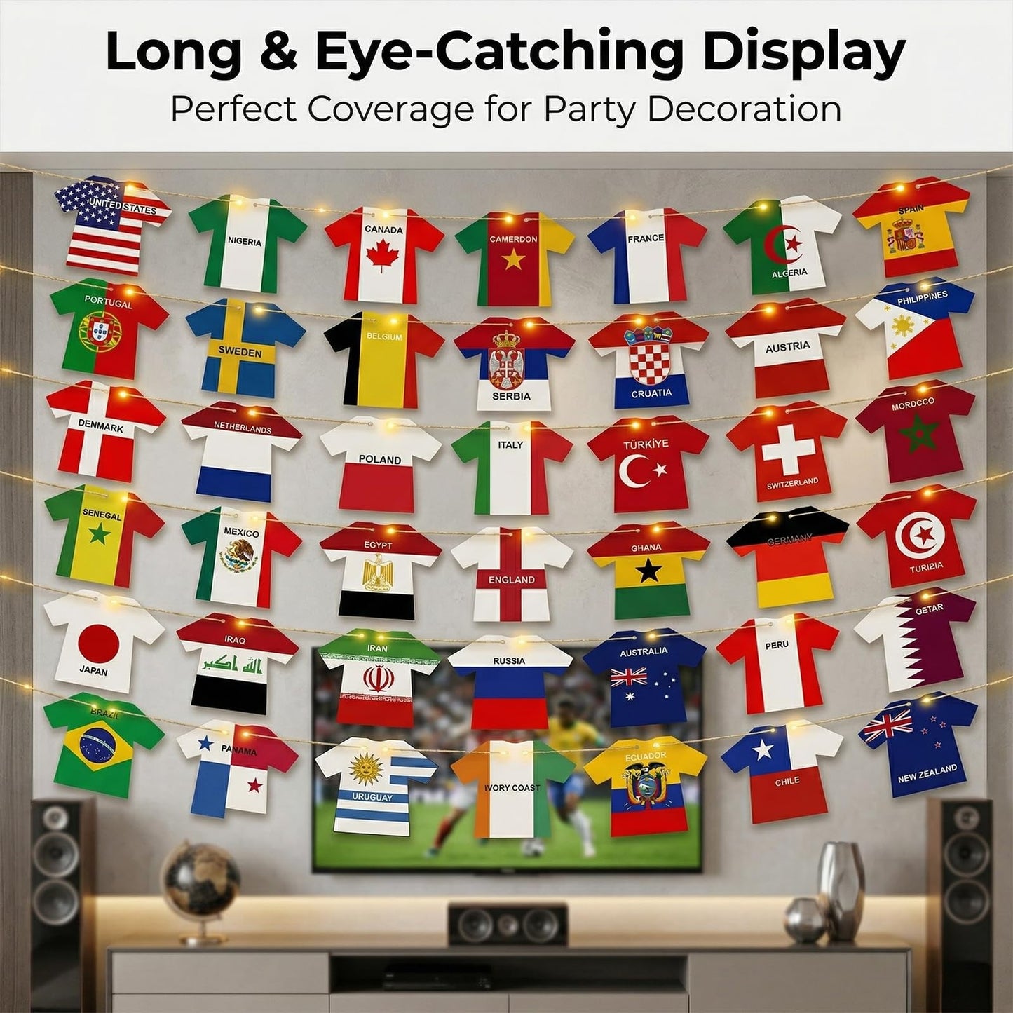 2026 World Cup Decorations with LED String Lights, 49 Countries Soccer Jersey Flag Banner Garland, Lighted Soccer Party Decorations for Watch Party, Bar, Home, Game Room, Sports Fan Decor