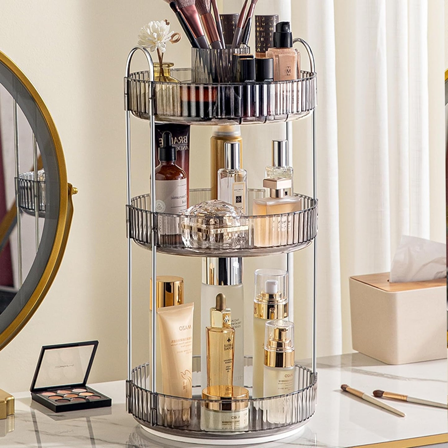 Rotating Makeup Organizer - 3 Tier Clear Cosmetic Holder for Vanity | Grey Perfume & Skincare Storage