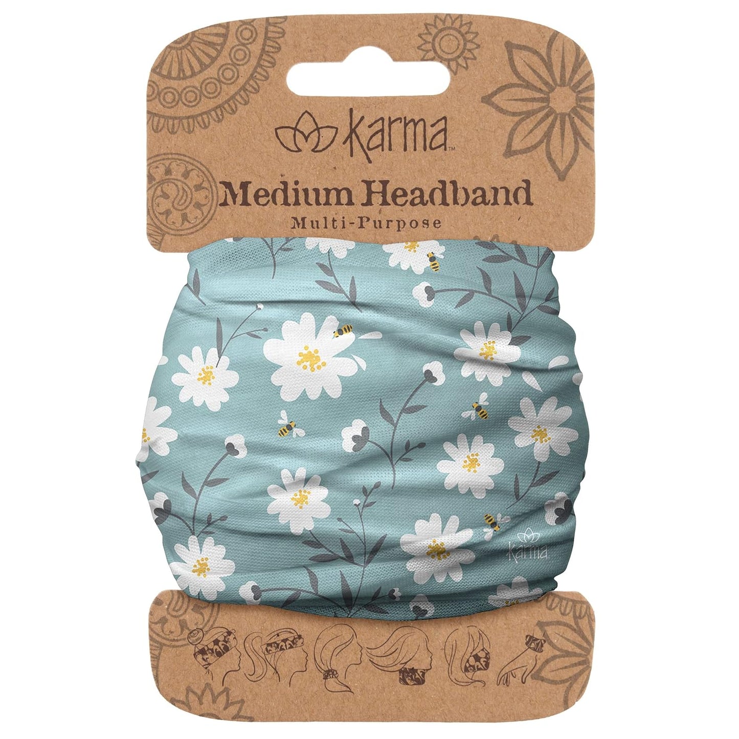 Floral Headband for Women | Stretchy Fabric Hair Scarf - Light Tan & Blue - Medium Size