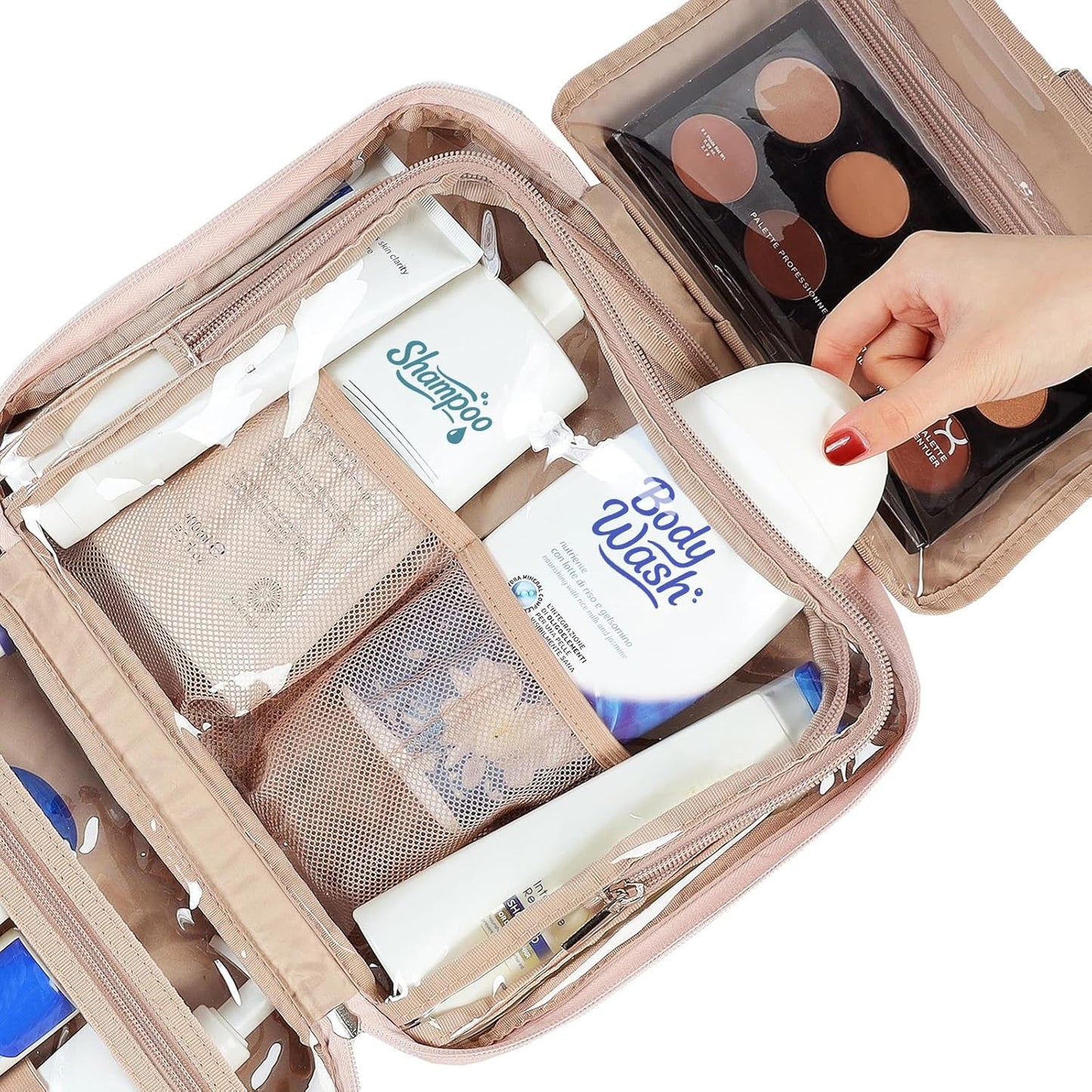 NISHEL Travel Toiletry Bag - Large Pink Makeup Organizer | Hanging Case for Accessories & Cosmetics