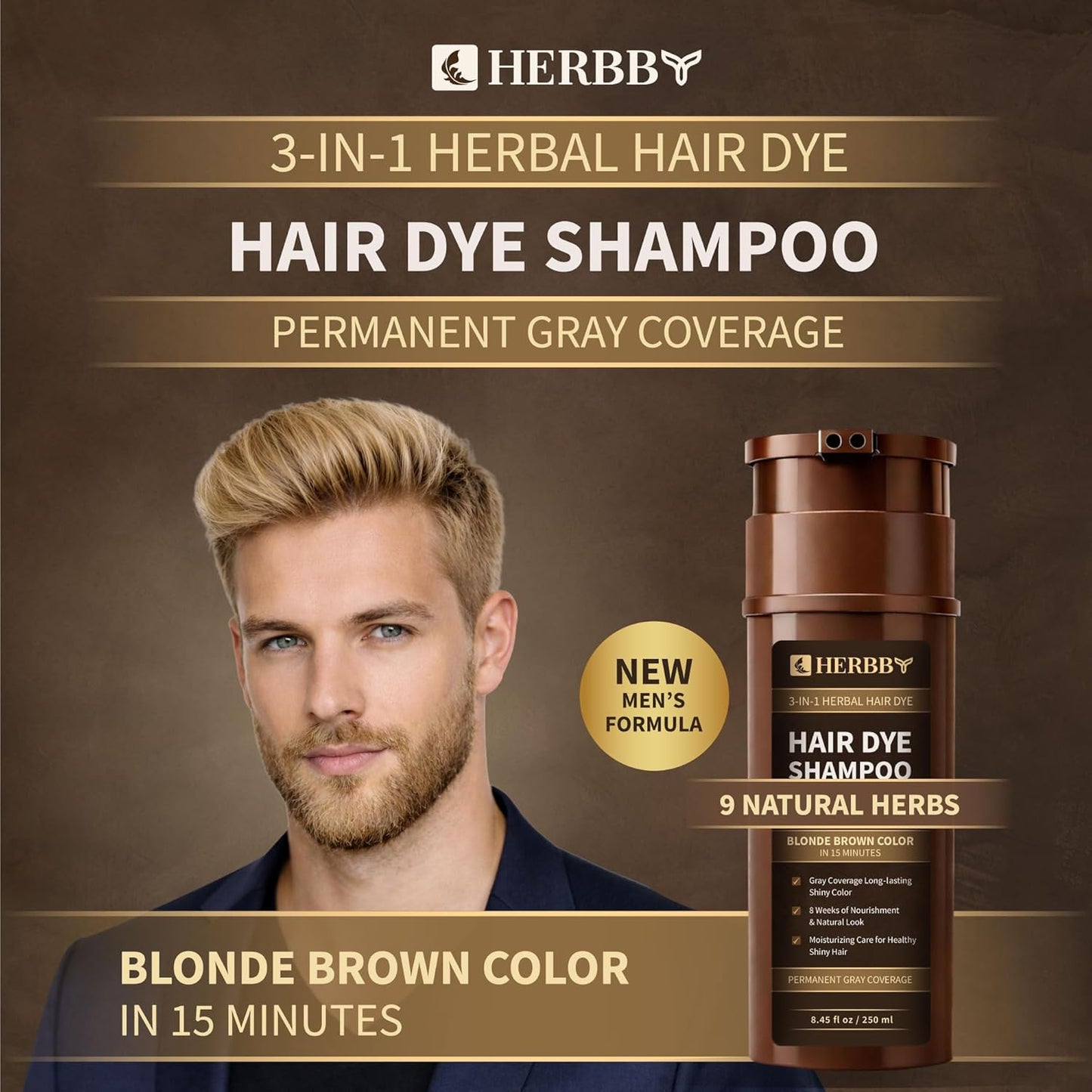 HERBBY Hair Color Shampoo for Gray Coverage | 9 Herbal Extracts for Shiny, Even Color - 250 ml (Blonde Brown)