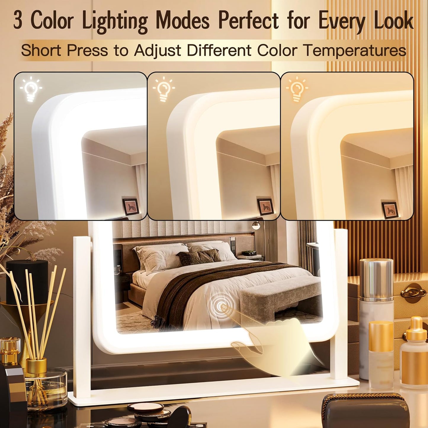LED Makeup Vanity Mirror with Lights - 3 Color Modes, Dimmable & Memory Function | 12" x 14", White