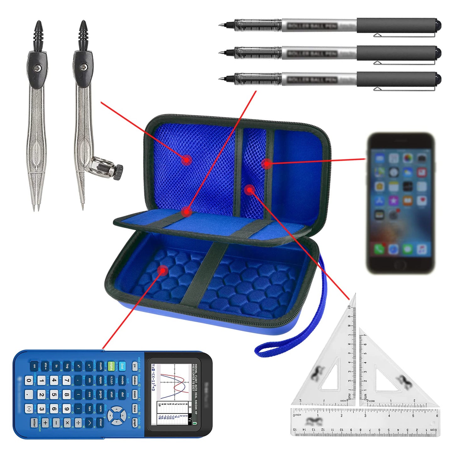 Graphing Calculator Case Compatible with Texas Instruments TI-84 Plus CE/TI-83 Plus CE, Hard Storage Holder for Students, School & Library Study, Mesh Pockets,Pen Holder Hand Strap Case Only Blue