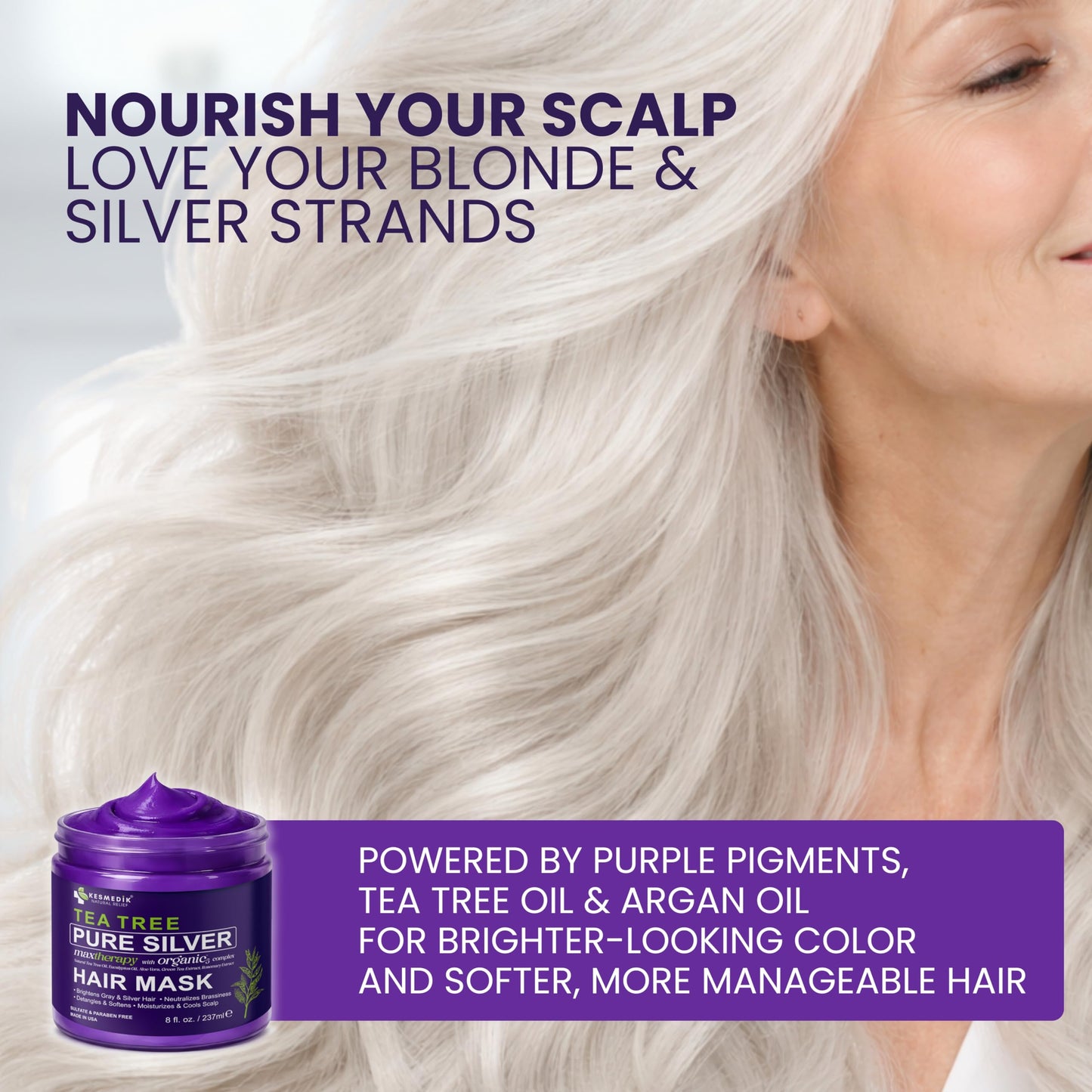 KESMEDIK Tea Tree Purple Hair Mask, Pure Silver Formula for Brassy Yellow Tones, Deep Conditioning with Tea Tree & Argan Oil for Dry Damaged Bleached, Blonde & Gray Hair, Flaky Itchy Scalp Care