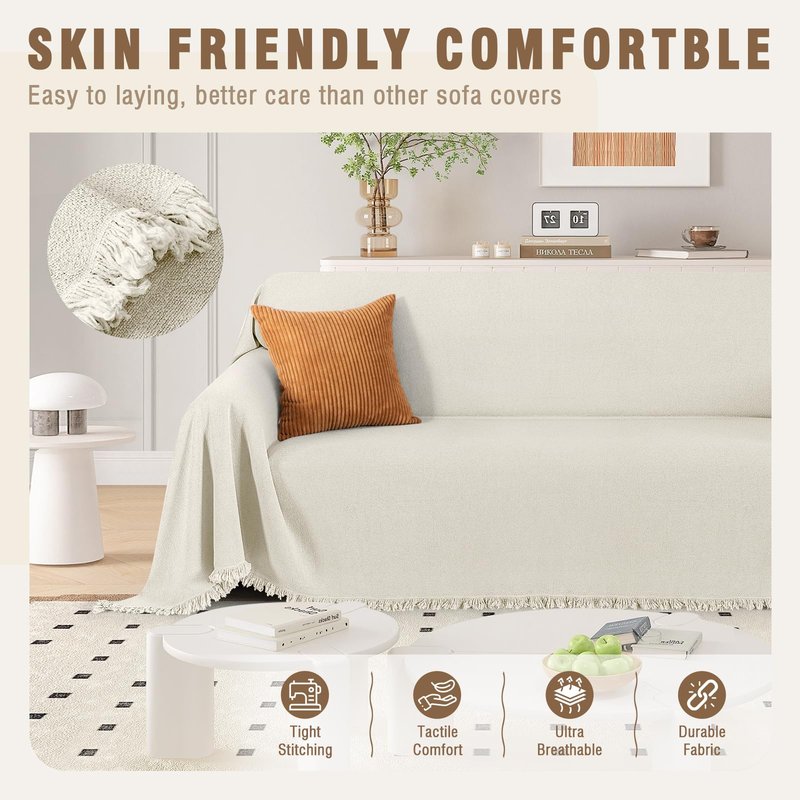 TAOCOCO Couch Cover, Couch Cover Blanket for Sofa, Thick Durable Throw for Sectional Couch, Washable Furniture Protector for Dogs Kids, Tassel Trim, 71''x118'' Beige