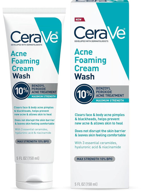 CeraVe Acne Foaming Cream Wash - Gentle Cleanser with 10% Benzoyl Peroxide, Hyaluronic Acid & Niacinamide | 5 Oz
