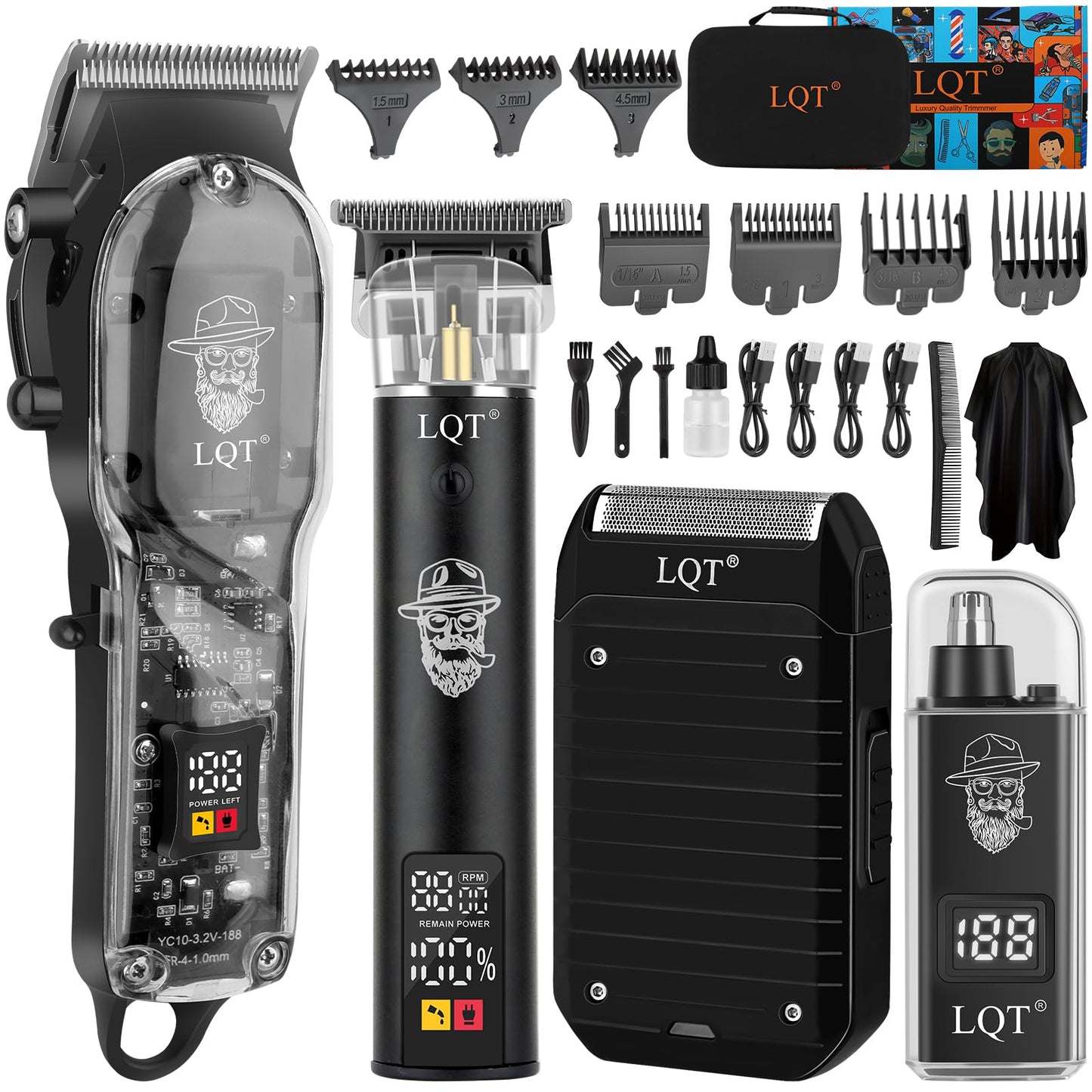 LQT Professional Barber Kit for Men,Cordless Hair Clipper, Beard Trimmer, Foil Shaver,Nose Hair Trimmer Set, Transparent Design, LED Display,Home Grooming Tools,Gifts for Men, Father's Day & Holidays