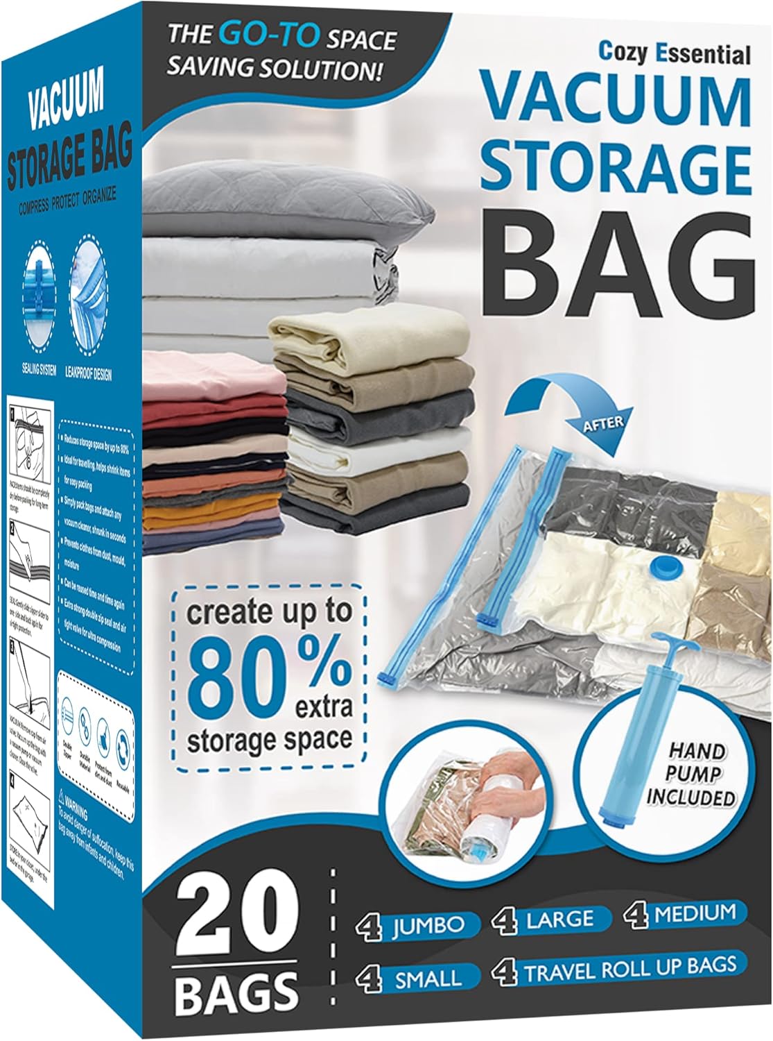 Vacuum Storage Bags - 80% Compression Space Saver for Clothes, Bedding & Blankets | 20-Pack Combo