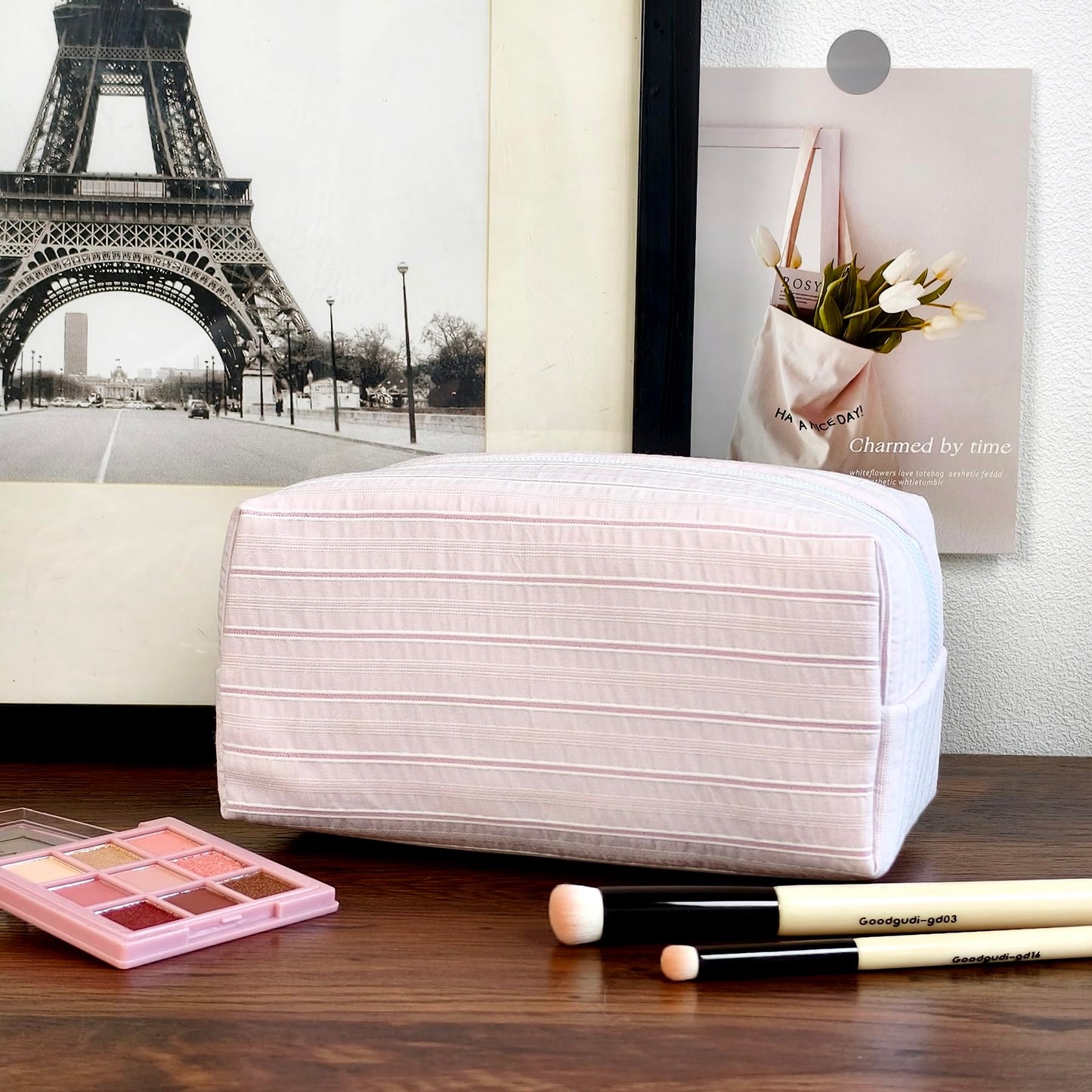 STARDW Striped Cotton Makeup Bag, Cute Cosmetic Pouch with Canvas Lining & Zipper, Travel Toiletry Bag