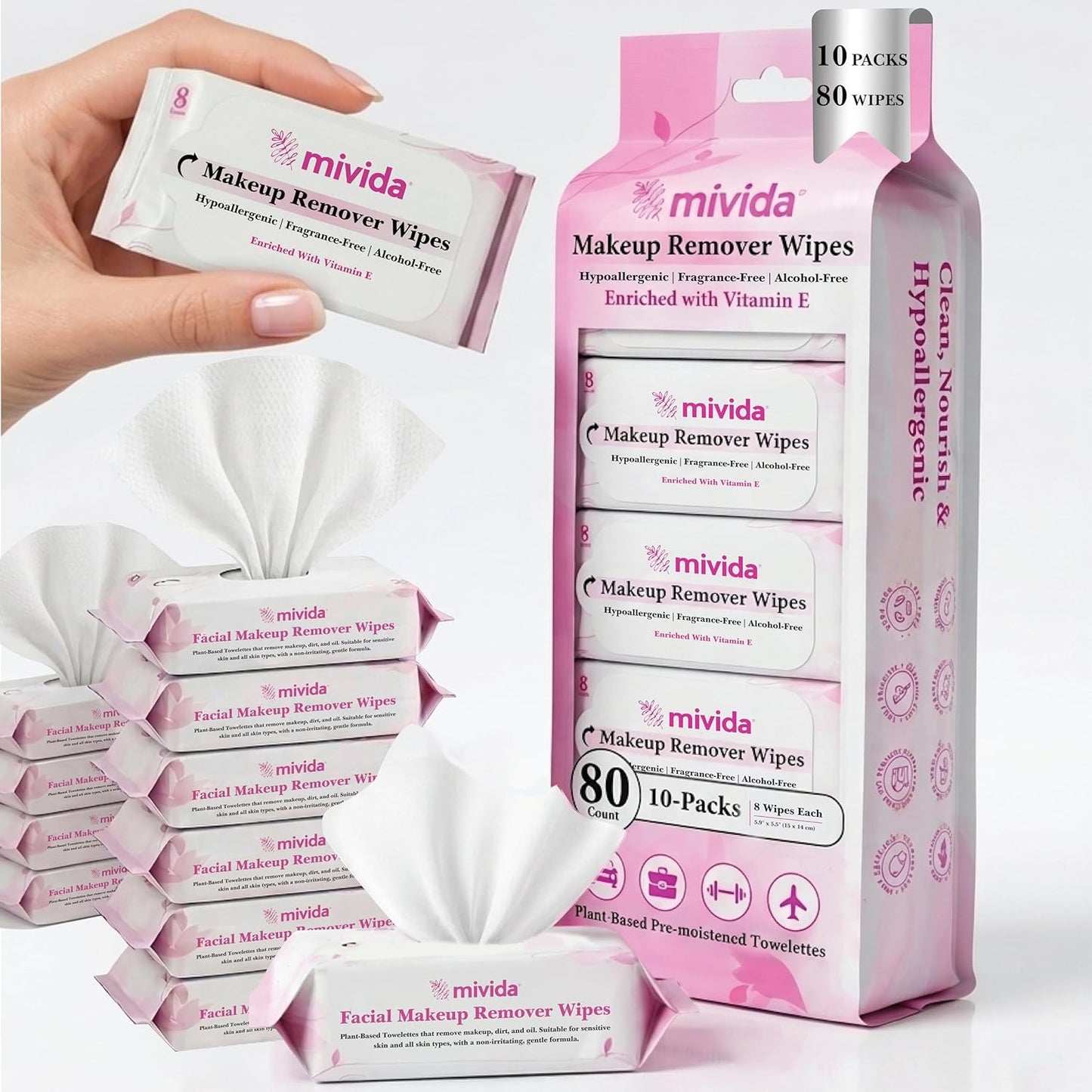 Hypoallergenic Mini Makeup Remover Wipes - Travel Size, 80ct | Vitamin E, Dermatologist Tested