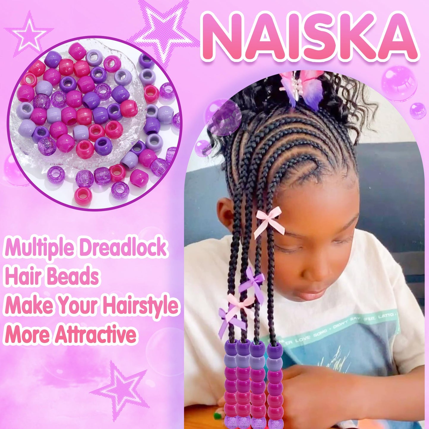 NAISKA 60PCS Purple Beads for Hair Clear Sparkle Braid Bead 5 Colors Gradient Dreadlock Beads Large Hole Bead Braids Accessories for Kids Girls
