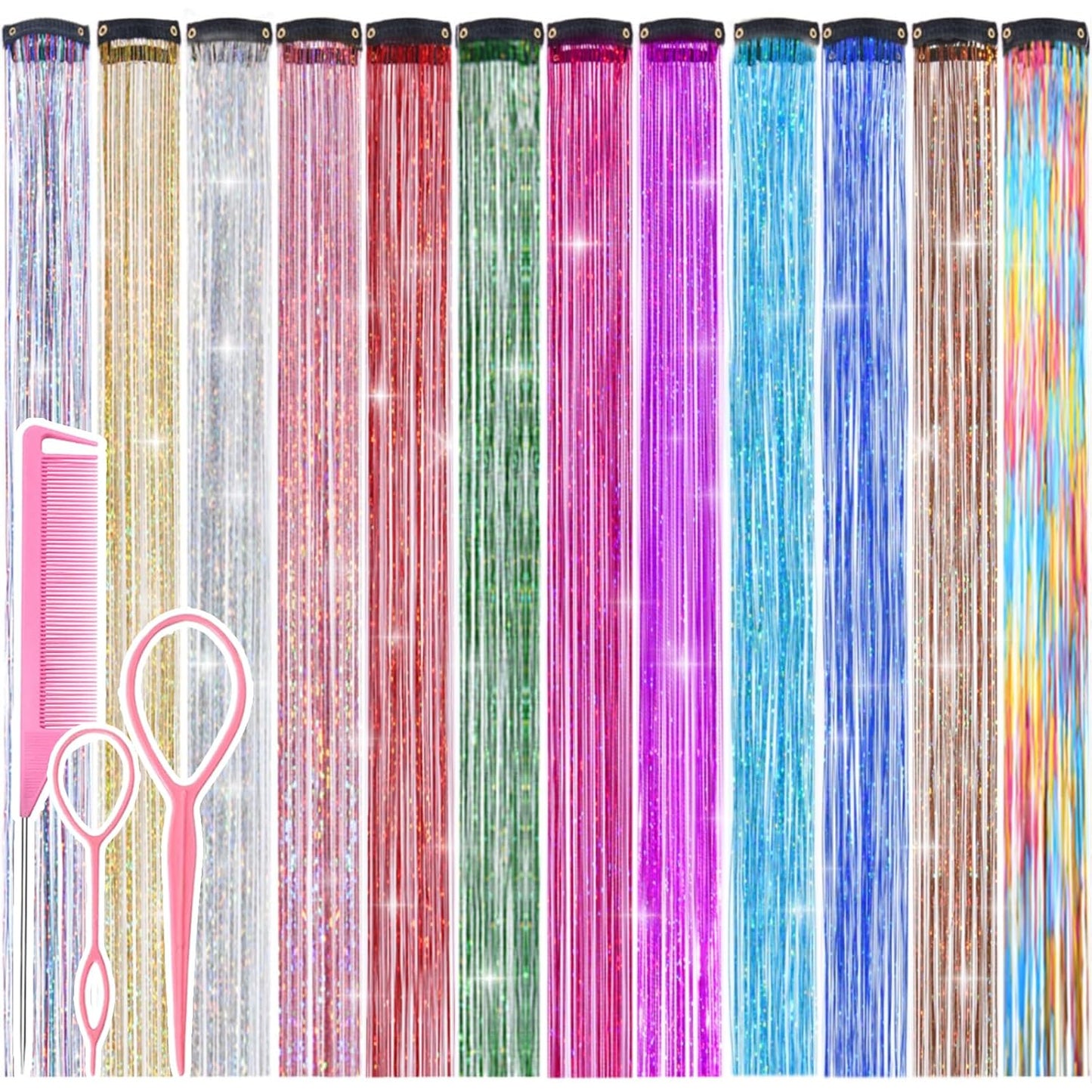 Hair Tinsel Kit - 12 Pcs 24 Inch Gold Glitter Clip-In Hair Extensions for Girls & Women | Perfect for Christmas & New Year Parties