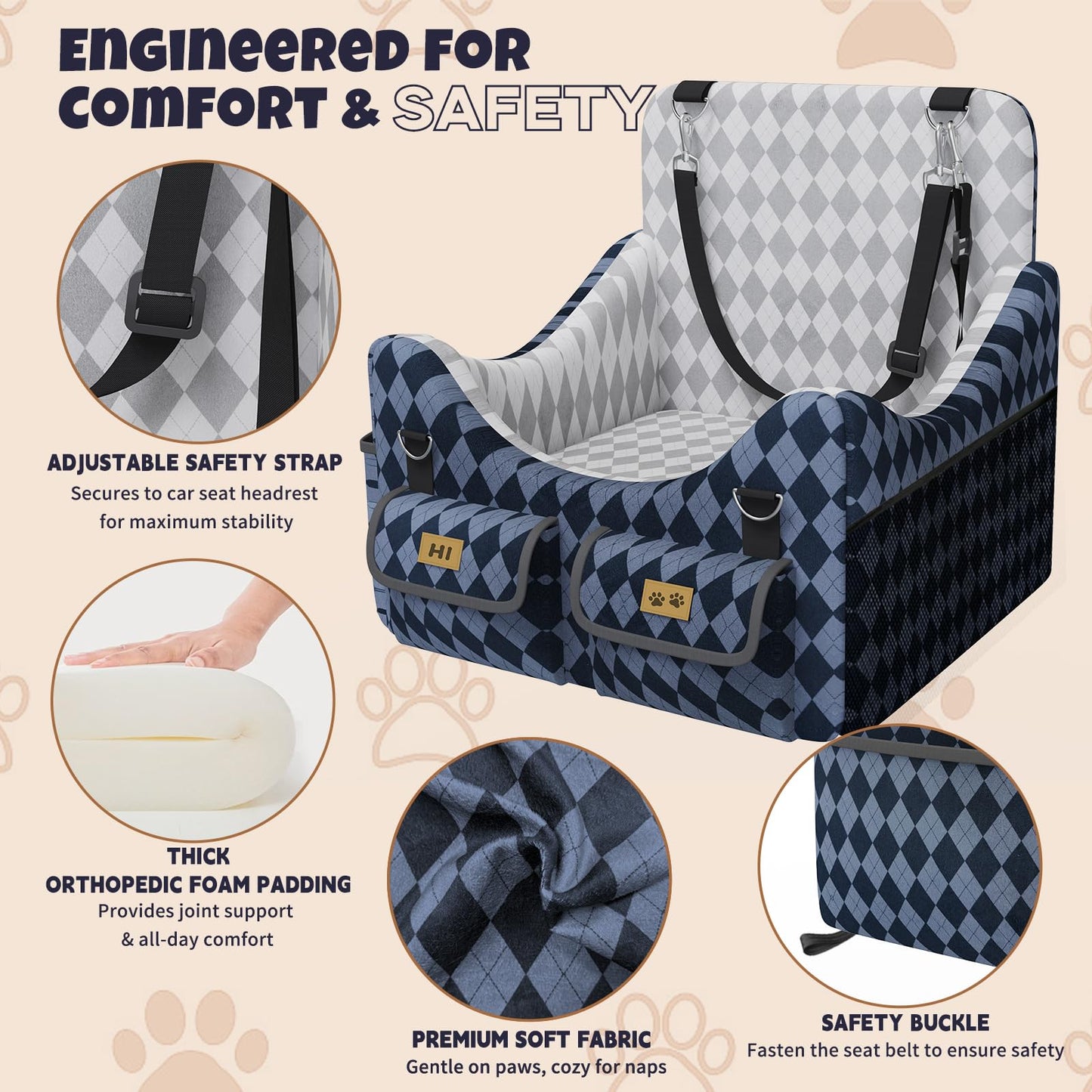 Dog Car Seat for Small/Medium Dogs up to 35lbs, 4-Pocket Storage Memory Foam Dog Booster Seat, Detachable Washable Pet Car Seat with Safety Belt, Outdoor & Indoor Use (Blue/Grey)