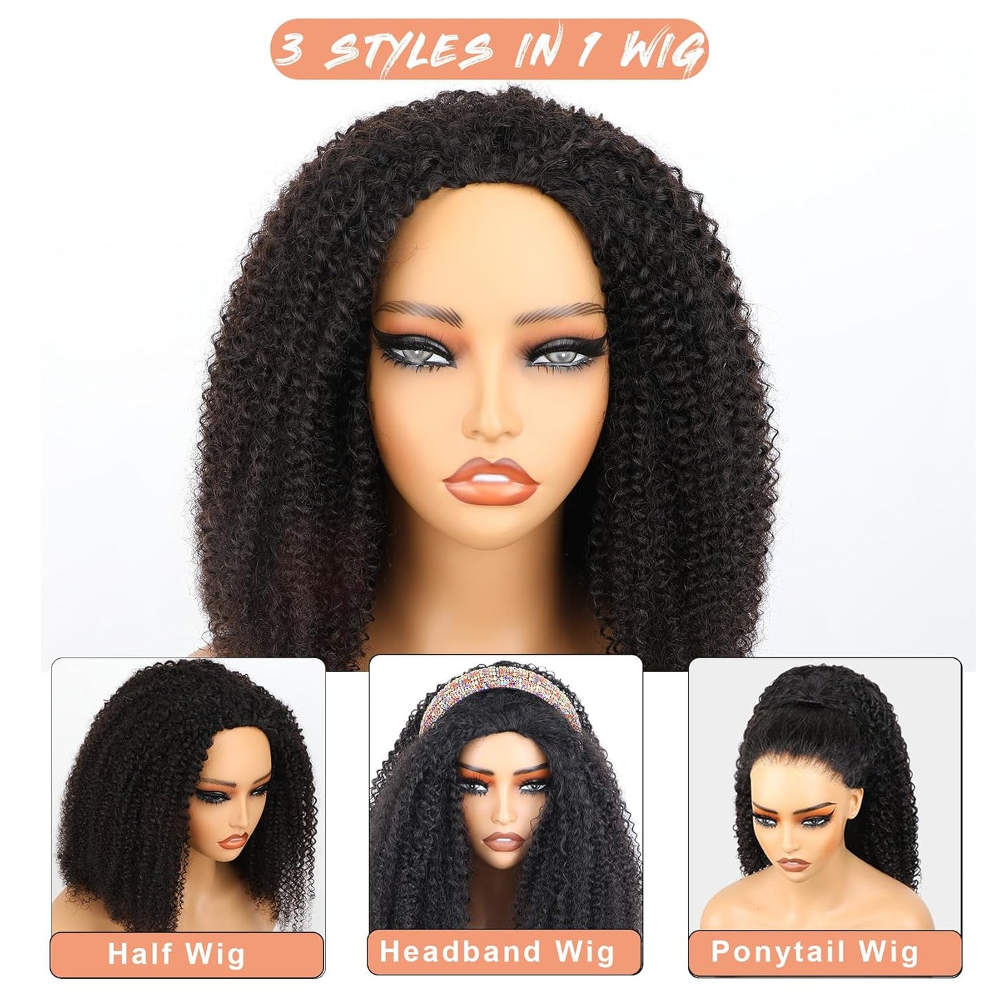 Afro Kinky Curly Half Wig - 18 Inch Glueless Drawstring Band | Seamless Flip Over for Easy Wear