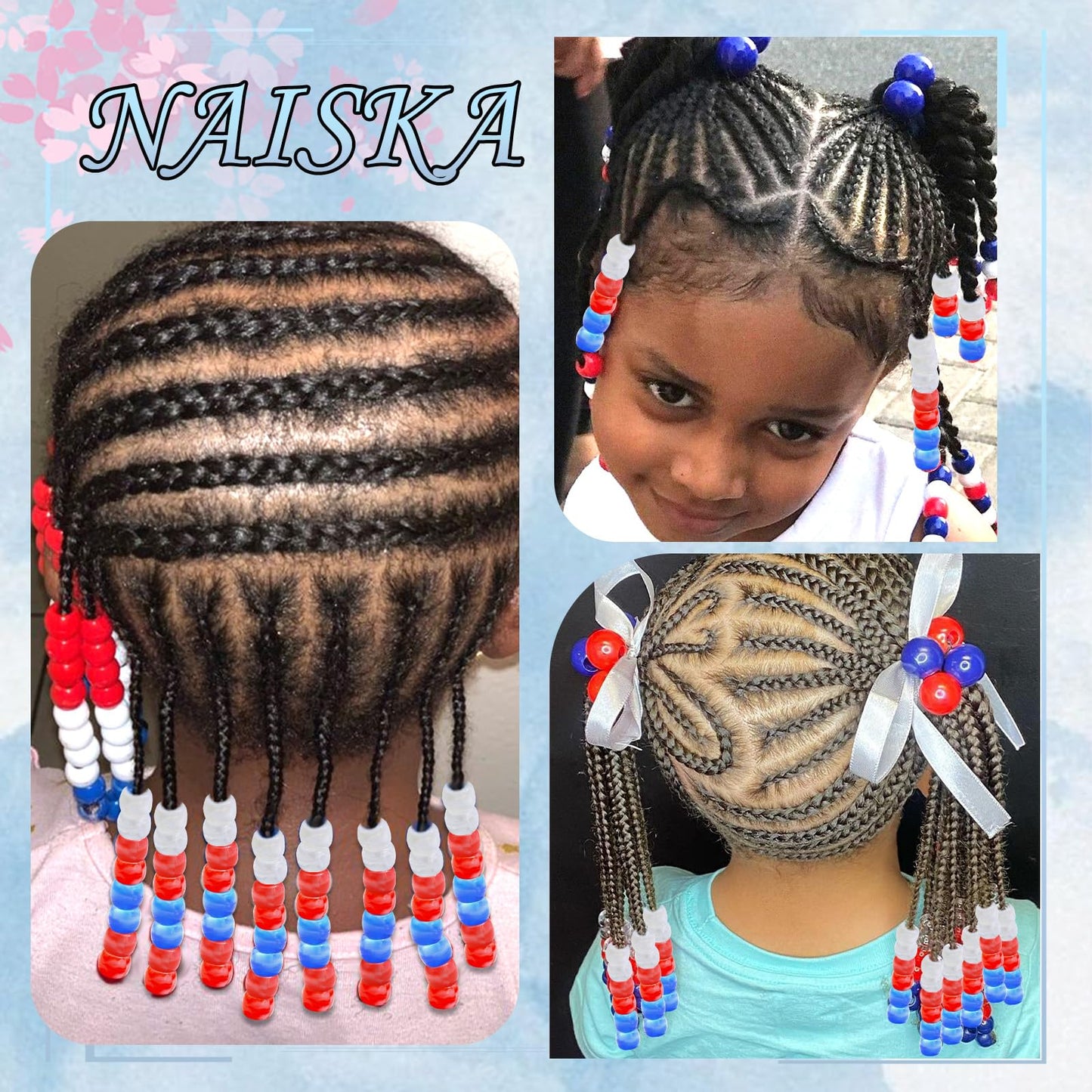 NAISKA 90Pcs Red Blue White Hair Beads for Kids Girls Cheer Hair Beads for Braids Cute Beads for Kids Hair Acrylic Gradient Dreadlock Beads Small Pony Beads Loc Beads Jewelry Accessories