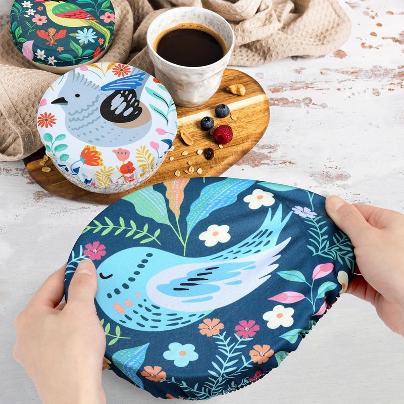 Revahope 5 Pieces Bowl Covers Reusable, 5 Size Elastic Cloth Bowl Covers for Bread Proofing, Food Covers Washable for Food Fruits Leftover (Floral Bird)