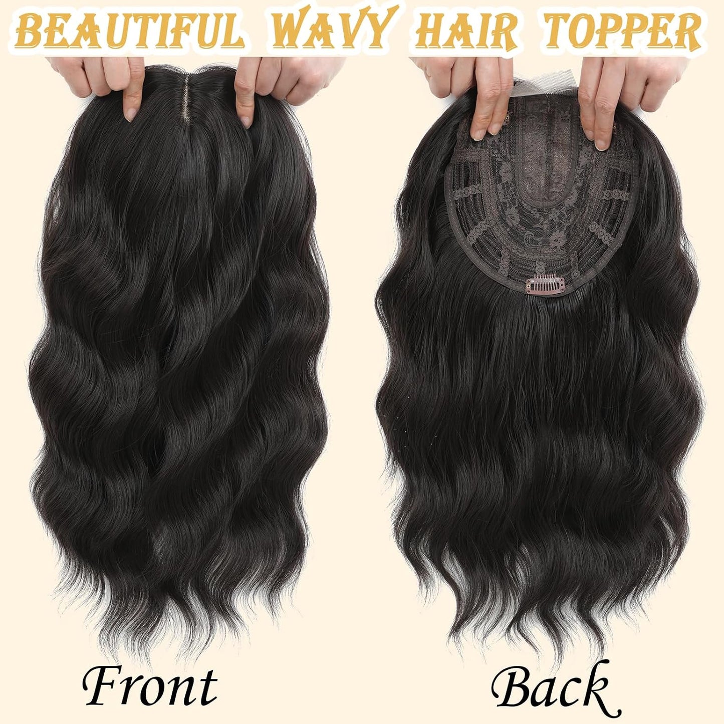Hair Topper for Women - 16 Inch Synthetic Curly Wavy Clip-In with Curtain Bangs | Natural Looking Dark Brown Volume Piece