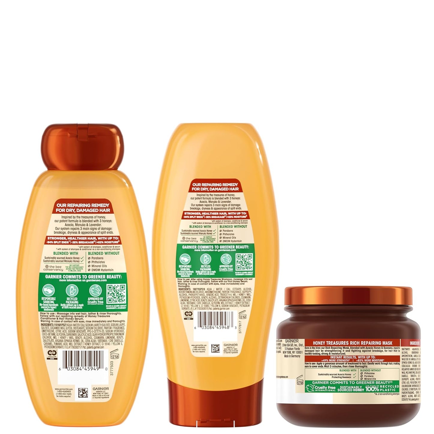Garnier Whole Blends Honey Treasures Repairing Shampoo & Conditioner Set | For Dry, Damaged Hair (3 Items)