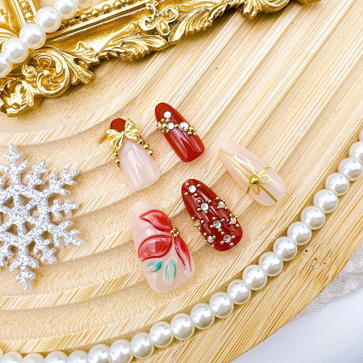 30Pcs Christmas Press-On Nails | Medium Almond Shape with 3D Bow & Gold Snowflake Designs