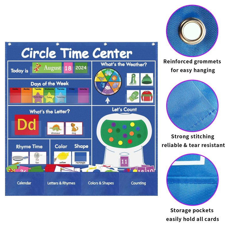 BOHEMIABY Circle Time Learning Center Classroom Pocket Chart Preschool, Educational Pocket Chart Teaching Materials, Learning Calendar Weather Counting Letter Color Shape (circle time learning center)